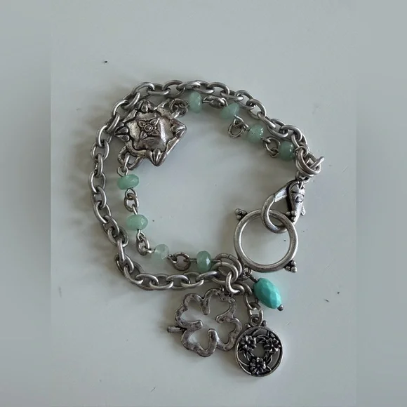 Lucky Brand Silver Four Leaf Clover & Turquoise Beaded Charm Bracelet - Picture 4 of 7